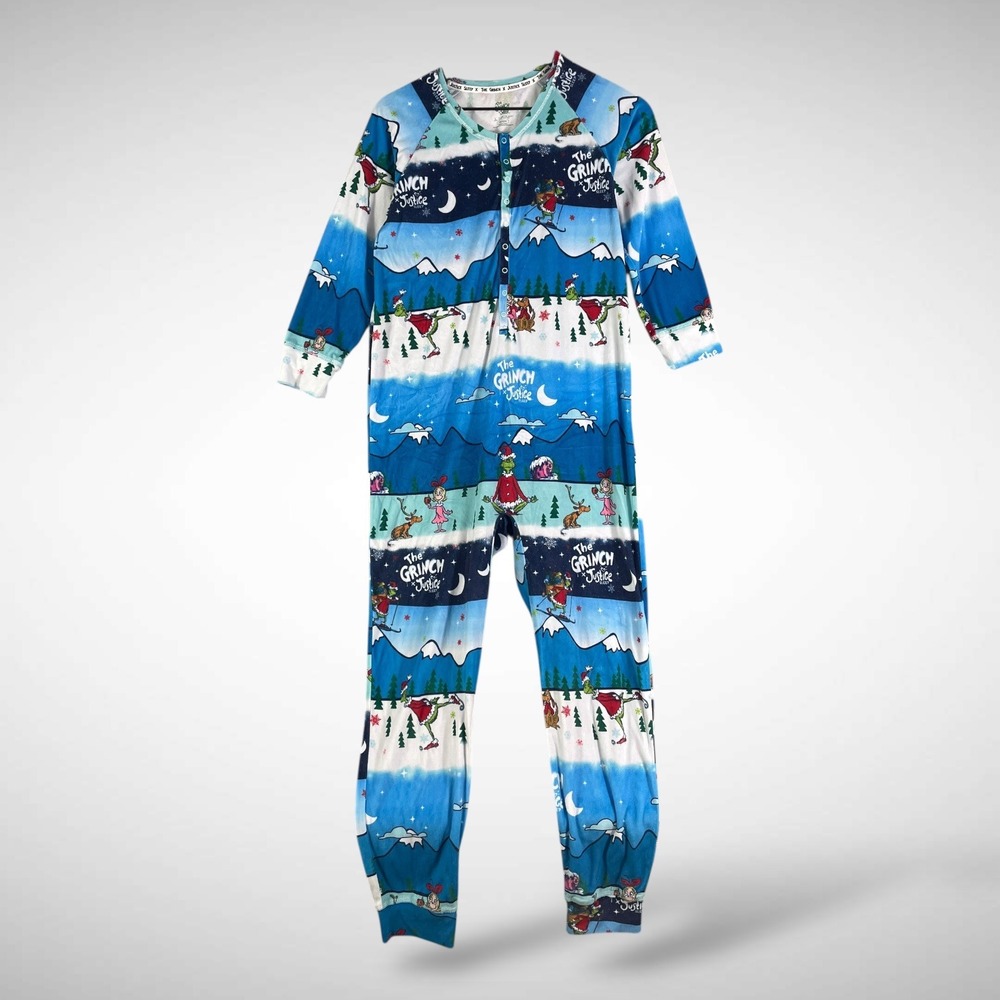 Justice‎ Grinch Girls Fleece One Piece Pajamas Blue Ski Print Zip Hooded 12/14